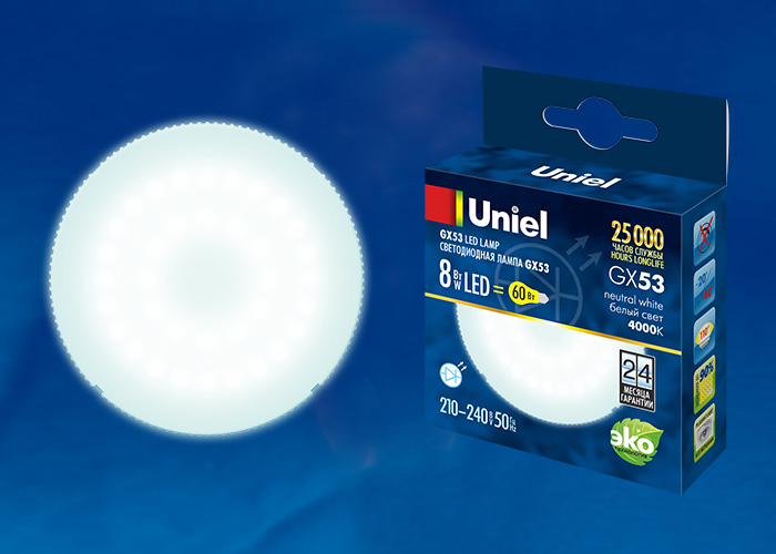 LED-GX53-8W/NW/GX53/FR PLZ01WH Лампа светодиодная, матовая. Белый свет. Картон. ТМ Uniel.