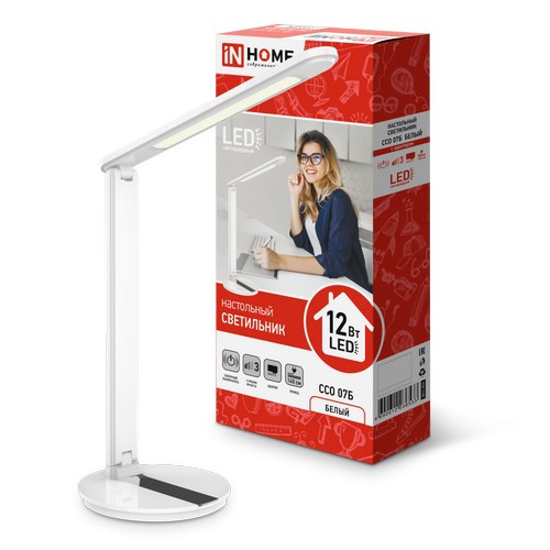 Светильник настольный светодиодный SIMPLE ССО-07Б 12Вт 600Лм сенсор, адаптер БЕЛЫЙ IN HOME
