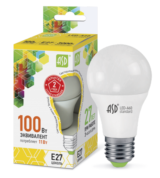 Лампа светодиодная LED-A60-standard 11Вт 230В Е27 3000К 990Лм ASD Лампа светодиодная LED-A60-standard 11Вт 230В Е27 3000К 990Лм ASD